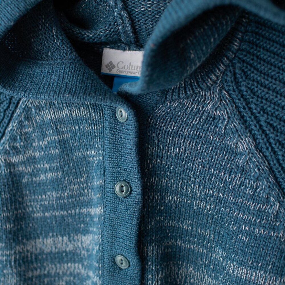 Columbia Women's Large Hooded Sweater Teal Wool-Blend Button Pullover - Picture 3 of 9
